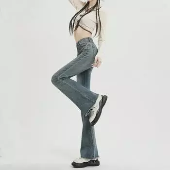 Женские расклешенные джинсы с высокой талией 2024 года — эластичные, необработанные края, облегающий крой для весны и осени L