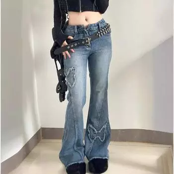 Женские расклешенные джинсы с высокой талией и вышитыми бабочками в стиле ретро S
