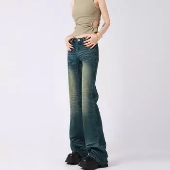 Женские расклешенные джинсы с высокой талией, широкие джинсовые брюки Y2K, эластичные брюки-клеш с рисунком по низу, уличная одежда S