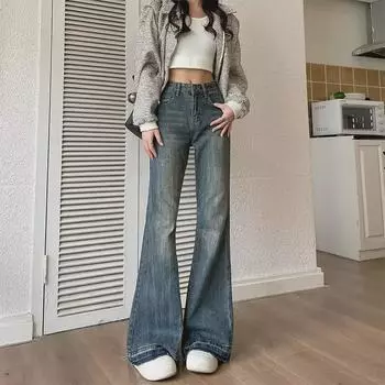 Женские расклешенные джинсы с высокой талией в гонконгском стиле с необработанными краями - американский ретро-дизайн Slim L синий