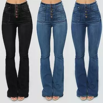 Женские расклешенные джинсы со средней талией Bell Jeans Stretch Slim Pants Length Jeans L темно-синий