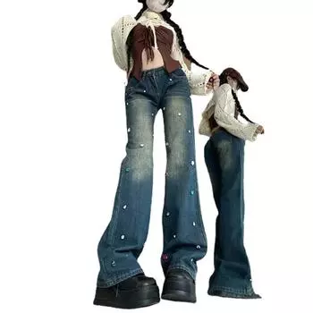 Женские расклешенные джинсы со стразами и бриллиантами, джинсовые брюки с высокой талией, брюки y2k, элегантные тонкие джинсовые брюки с небольшим вырезом клеш S синий