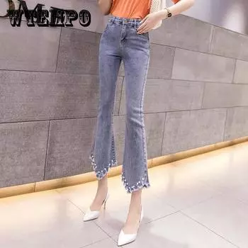 Женские расклешенные джинсы средней талии, джинсы для женщин, облегающие брюки Mom Stretch, джинсы с высокой эластичностью, большие размеры XXL