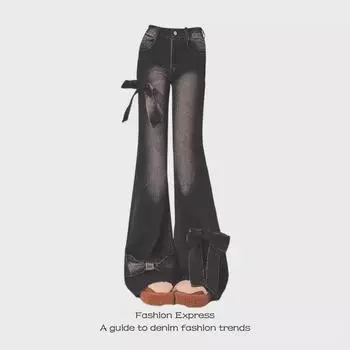 Женские расклешенные джинсы в американском ретро-стиле с высокой талией и бантом на весну и осень L чёрный