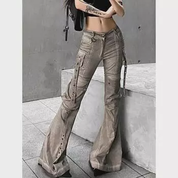 Женские расклешенные коричневые джинсы в американском стиле с объемными карманами — большой размер, эластичный узкий крой. Small коричневый