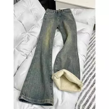 Женские расклешенные плюшевые джинсы с высокой талией - Осень/Зима 2024 - Эластичные брюки больших размеров, закрывающие бедра XL