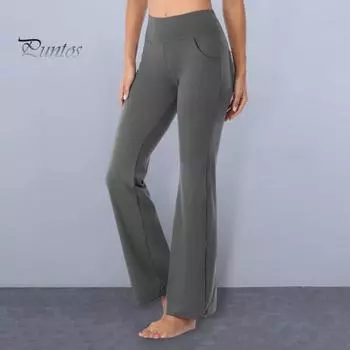 Женские расклешенные штаны для йоги, леггинсы с высокой талией и карманами для тренировок, эластичные брюки-клеш для офисных тренировок M чёрный