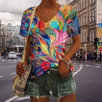 Женские разноцветные топы с v-образным вырезом и коротким рукавом с принтом павлина, свободная футболка, повседневная блузка XS синий