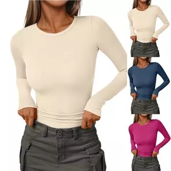 Женские ребристые рубашки, облегающие топы с круглым вырезом, повседневные футболки с тонким слоем, базовые футболки L чёрный