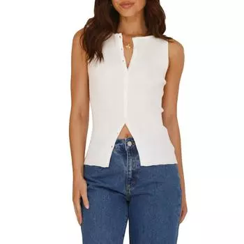 Женские ребристые трикотажные топы, тонкие однотонные рубашки без рукавов с круглым вырезом и застежкой на пуговицы на лето S чёрный