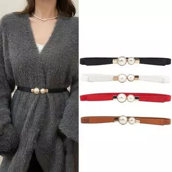 Женские ремни, креативный ремень с жемчужной пряжкой, кожаный ремень для платья, юбки, талии, тонкий эластичный женский пояс, украшение для платья, пальто чёрный