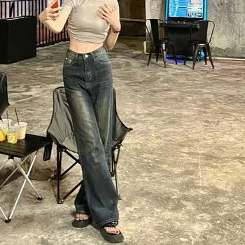 Женские ретро-американские джинсы Hot Girl Micro-Flared - Винтажные прямые брюки с эффектом потертости в тренде S