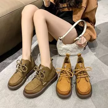 Женские ретро-ботинки на шнуровке 2024 Весна Осень Новые женские туфли с круглым носком Удобные повседневные короткие ботинки на толстой подошве 35 жёлтый