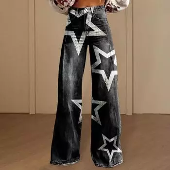 Женские ретро брюки с высокой талией и пуговицами на молнии с карманами и цифровым цветочным принтом, повседневные брюки, потертые прямые брюки M черный серый