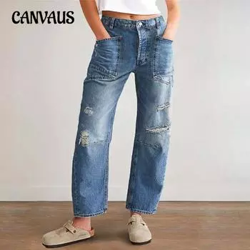 Женские ретро-джинсы с дырками, повседневные брюки-бананы с застежкой-молнией, свободные прямые брюки S синий