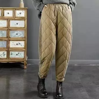 Женские ретро художественные утолщенные теплые хлопковые брюки с пряжкой из нити ветрозащитные и теплые повседневные хлопковые брюки XXXXL чёрный