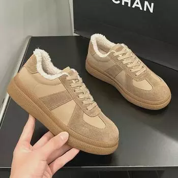 Женские ретро-кеды Dexun 2024 на шнуровке с бархатной подкладкой — теплые, с толстой подошвой, с цветовыми блоками для осени и зимы 40 бежевый