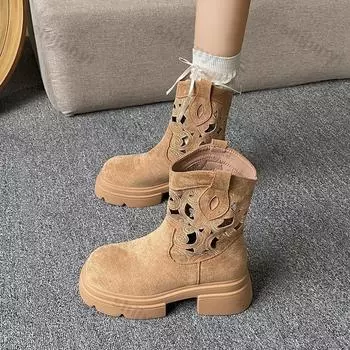 Женские ретро ковбойские сапоги 2024 года, новые осенние полые дышащие сапоги с толстой подошвой, увеличенная высота, нескользящие, удобные короткие сапоги 35 абрикосовый