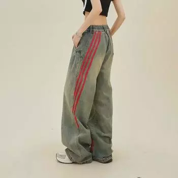 Женские ретро-полосатые джинсы с широкими штанинами в стиле пэчворк - American Vibe High Street Fashion, свободные прямые повседневные рабочие брюки XL синий