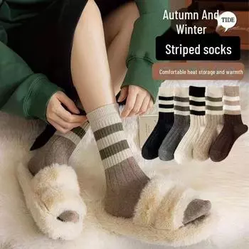Женские ретро-полосатые носки средней длины - осенние и зимние ворсистые носки в стиле колледжа One Size серый