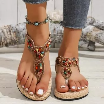 Женские ретро повседневные римские сандалии на плоской подошве с нескользящей отделкой из бисера 36
