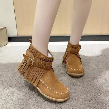 Женские ретро-сапоги на плоской подошве с бахромой 36 хаки