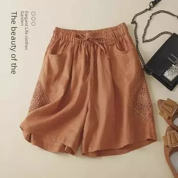 Женские ретро-шорты из хлопка и льна с ажурным кружевом — облегающие, свободные, прямого кроя M 105 kg