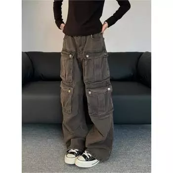 Женские ретро-старые потертые многокарманные рабочие брюки уличные красивые свободные повседневные джинсы 3XL