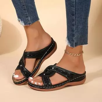 Женские ретро-тапочки с круглым носком, нескользящие, удобные, цельные, классные 36 чёрный