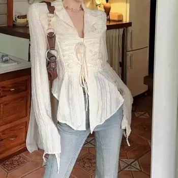 Женские ретро-узкие осенние прозрачные топы с отложным воротником, солнцезащитные, Harajuku Hotsweet, укороченные в японском стиле XL бежевый