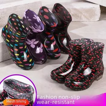 Женские резиновые сапоги с цветочным принтом и кристаллами — водонепроницаемые, нескользящие, низкие, для кухни или улицы 38 красный