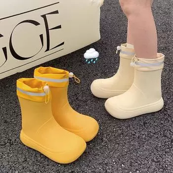 Женские резиновые сапоги с завязками на манжетах для всех сезонов, модные универсальные резиновые сапоги для отдыха на открытом воздухе, однотонные резиновые сапоги из ЭВА длиной до середины голени 36-37 чёрный