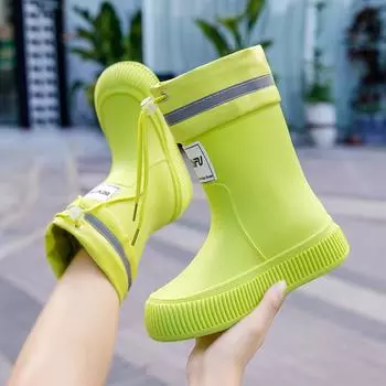 Женские резиновые сапоги средней высоты, круглый носок, хлопчатобумажные теплые, зимние водонепроницаемые, плоские рабочие ботинки для улицы, тренд 2023 года 36/37