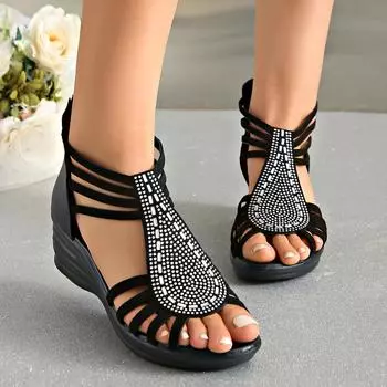 Женские римские сандалии из мягкой кожи, новинка лета 2024, верхняя одежда на мягкой подошве, женская обувь на танкетке, модная повседневная дизайнерская обувь для женщин 35 чёрный