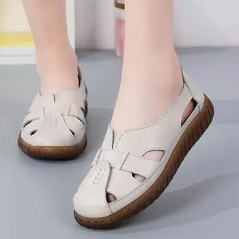 Женские римские сандалии, кожаные удобные туфли на плоской подошве, повседневные слипоны для медсестры, летние сандалии с закрытым носком, обувь для девочек EU:40
