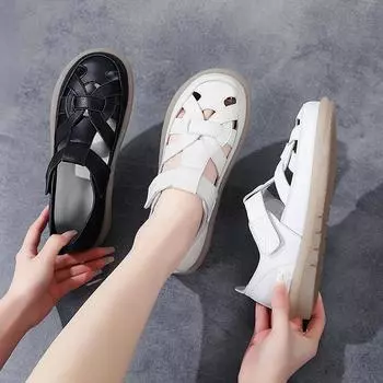 Женские римские сандалии, летние базовые пляжные туфли на плоской подошве для девочек, закрытый носок, большие размеры, белые сандалии, большие размеры 35 чёрный