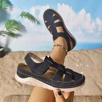 Женские римские сандалии с носком, летняя повседневная обувь на плоской подошве 36 чёрный