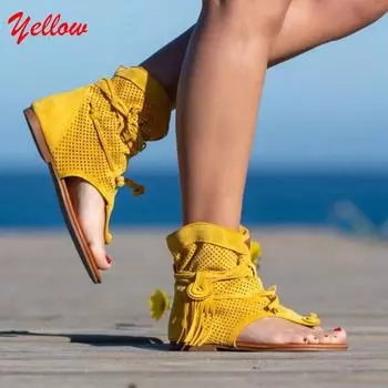 Женские римские женские винтажные ботинки с клипсами и кисточками, сандалии-гладиаторы в стиле ретро, модные летние повседневные 35 жёлтый