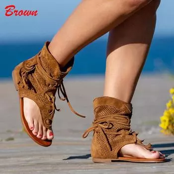Женские римские женские винтажные ботинки с клипсами и кисточками, сандалии-гладиаторы в стиле ретро, модные летние повседневные 40 коричневый