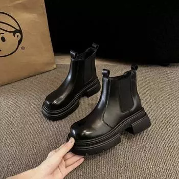 Женские рок-ботинки на среднем каблуке, ботинки челси, женские, с круглым носком, роскошные дизайнерские, ботильоны, осень 2024, женские, плоские, модные, из искусственной кожи, однотонные, Sl 35 чёрный