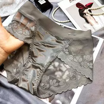Женские роскошные атласные трусики с контролем живота, летние сексуальные кружевные трусы с высокой талией, большие размеры, хлопковые дышащие трусы с промежностью, нижнее белье L серый