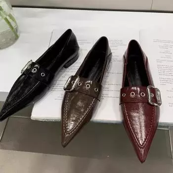 Женские роскошные балетки с металлической цепочкой, балетки с короткими каблуками, повседневные туфли на высоком каблуке, новые модные женские туфли с острым носком на низком каблуке 35