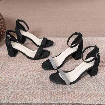 Женские роскошные босоножки, элегантные туфли на каблуке, модные вечерние повседневные туфли на среднем каблуке 35 чёрный