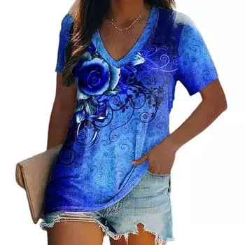 Женские роскошные футболки с 3D принтом, топы с v-образным вырезом и короткими рукавами, футболки, летняя повседневная футболка с градиентом, женская одежда больших размеров L