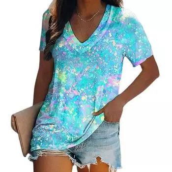 Женские роскошные футболки с 3D принтом, топы с v-образным вырезом и короткими рукавами, футболки, летняя повседневная футболка с градиентом, женская одежда больших размеров S