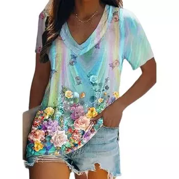 Женские роскошные футболки с 3D принтом, топы с v-образным вырезом и короткими рукавами, футболки, летняя повседневная футболка с градиентом, женская одежда больших размеров S
