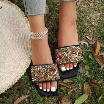 Женские роскошные тапочки, пляжная обувь на плоской подошве, летние сандалии для платья, женские 2024 года, дизайнерские повседневные шлепанцы, прогулочные шлепанцы, Zapatos Mujer 35 чёрный