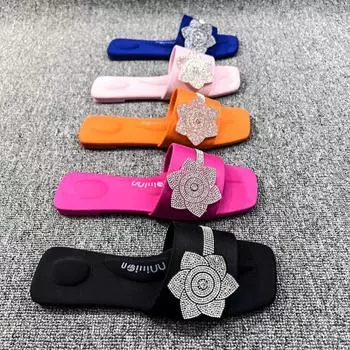 Женские роскошные тапочки с цветами и стразами, модные уличные повседневные сандалии на плоской подошве, женские шлепанцы с квадратным носком, пляжные праздничные шлепанцы 37 розы красного