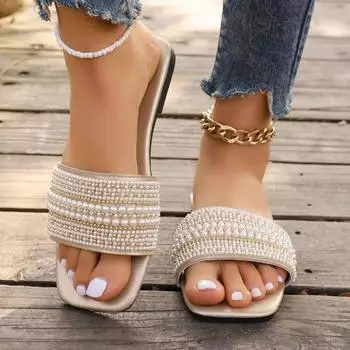 Женские роскошные тапочки с жемчугом 2024 года, летние сандалии с квадратным носком, удобные нескользящие пляжные шлепанцы, большой размер 43 36 чёрный