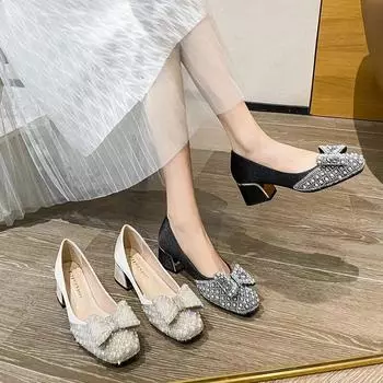 Женские роскошные туфли-лодочки, сезон: весна-лето, туфли на высоком каблуке с жемчужным бантом, модные повседневные топсайдеры на массивном каблуке для девочек 35 абрикосовый